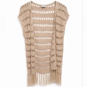Boho Tan Open-Knit Cardigan with Fringe Crochet  Size SMALL